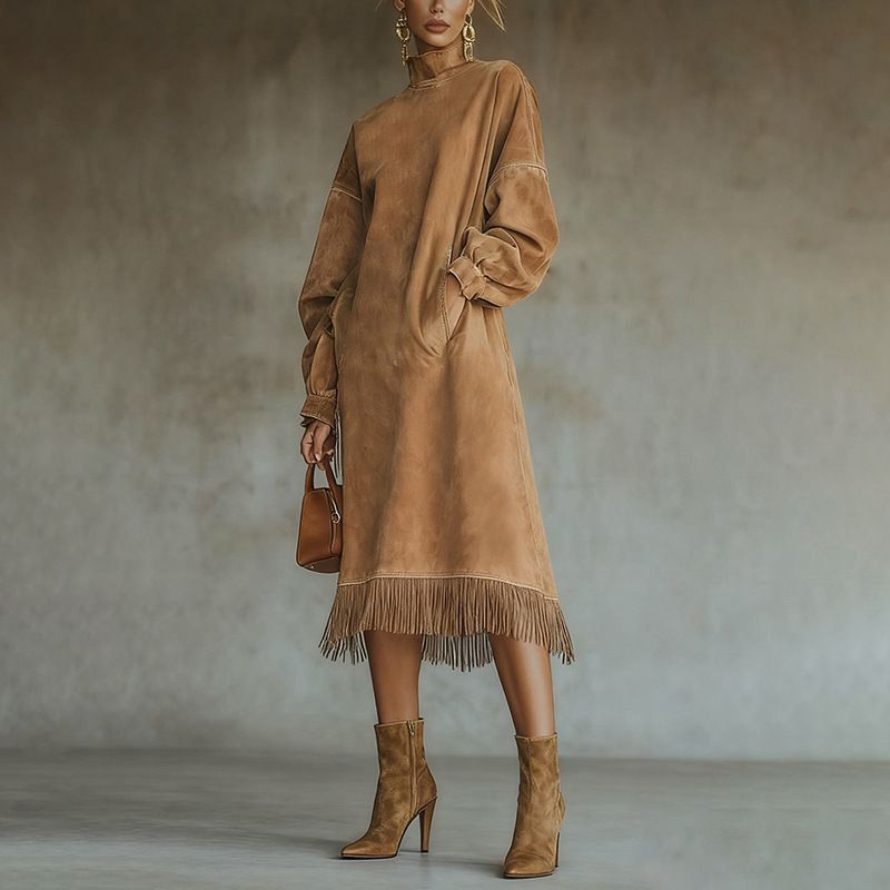 New European And American Cross-Border Independent Station High Collar Suede Retro Loose Pocket Tassel Sleeve Dress Long_ecoleips.com