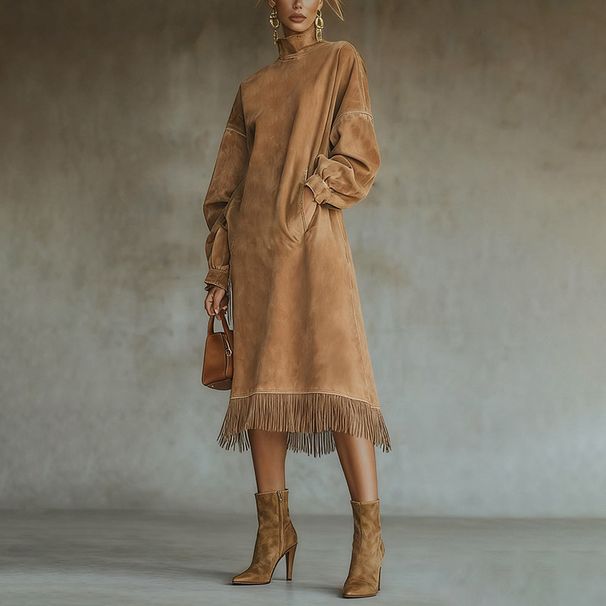 New European And American Cross-Border Independent Station High Collar Suede Retro Loose Pocket Tassel Sleeve Dress Long_ecoleips.com