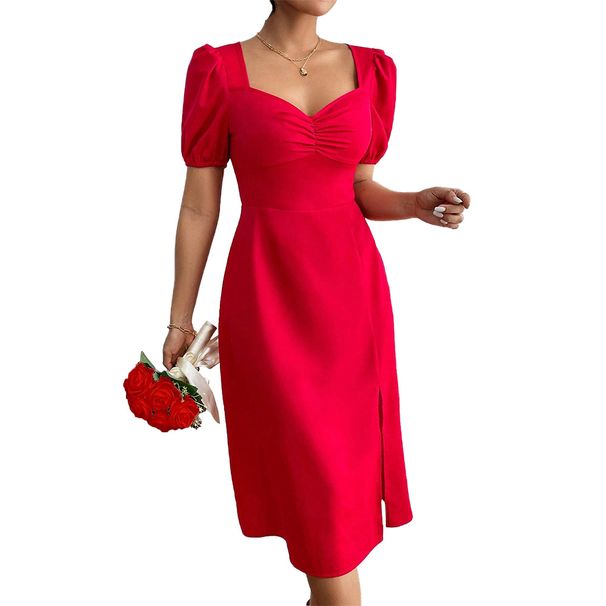 Voya Women's European And American Square Neck Chest Pleated Slit A-line Skirt Ins Popular Bubble Sleeve Red Dress_ecoleips.com