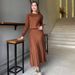Women's Oversized Knit Sweater Dress – Long Sleeve Round Neck Pullover With Pleated Hem, Stretchy Polyester-Spandex Blend For Loungewear & Casual Chic_ecoleips.com