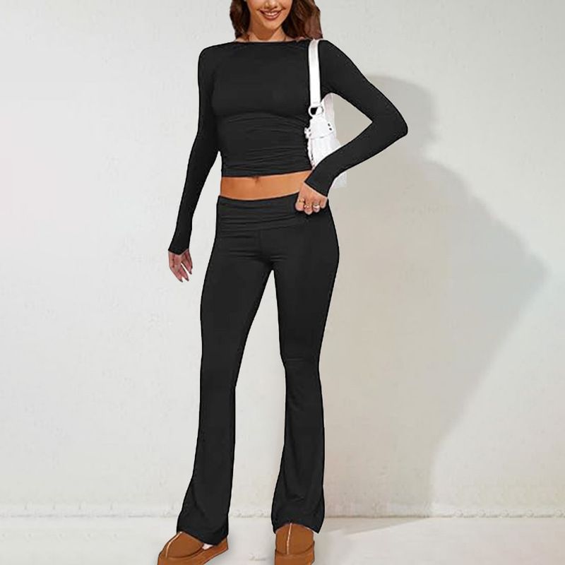 Women's Spring And Summer Casual Solid Color Slim Long Sleeve Knit Pants Suit_ecoleips.com