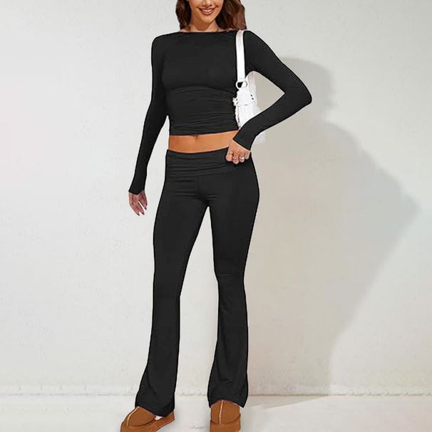 Women's Spring And Summer Casual Solid Color Slim Long Sleeve Knit Pants Suit_ecoleips.com