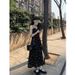 Black Sweet Floral Strap For Women Summer 2025 New High-End Elegant Tea Break With Slit Long Dress_ecoleips.com