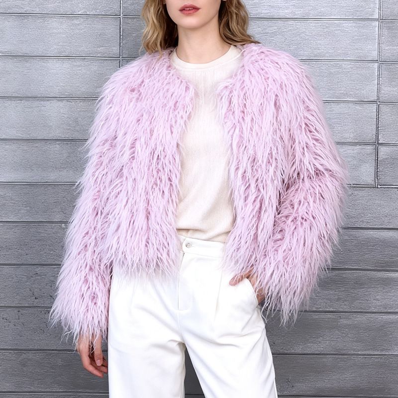 Women’s Short Faux Fur Jacket, Trendy Streetwear Cropped Faux Fur Coat, Y2K Aesthetic Fluffy Outerwear For Fall & Winter_ecoleips.com