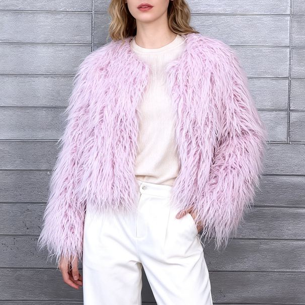 Women’s Short Faux Fur Jacket, Trendy Streetwear Cropped Faux Fur Coat, Y2K Aesthetic Fluffy Outerwear For Fall & Winter_ecoleips.com