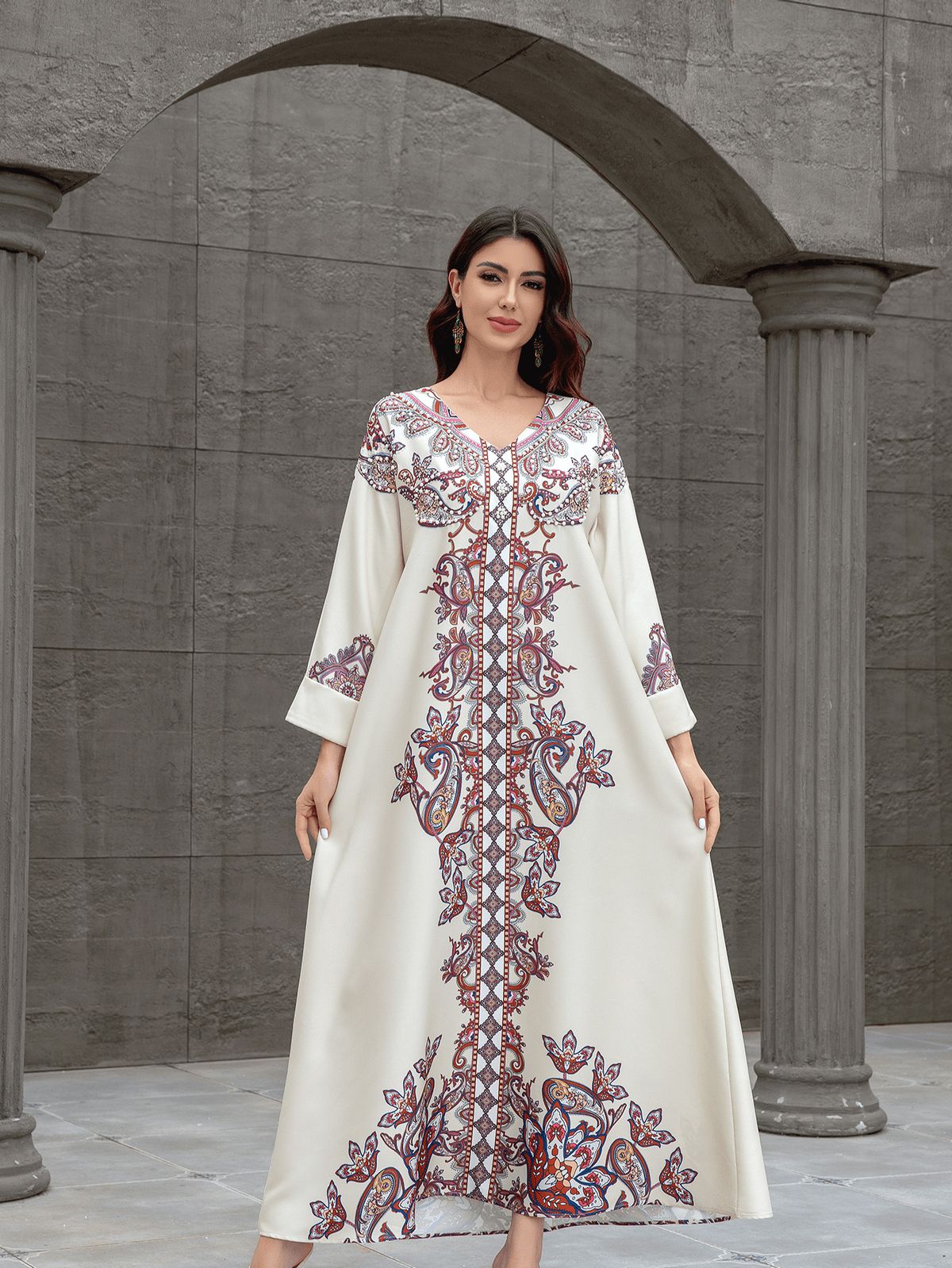 Muslim Women's Robe Elegant Printed Beaded Dress Abaya_ecoleips.com
