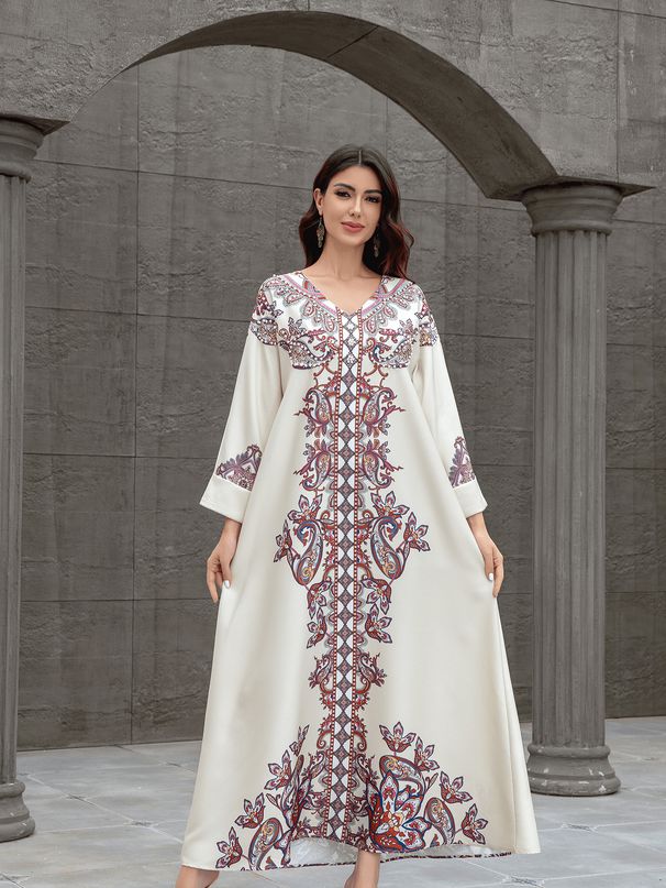 Muslim Women's Robe Elegant Printed Beaded Dress Abaya_ecoleips.com