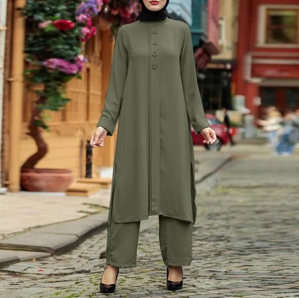 2025 New Muslim Women's Two-Piece Set Fashionable Elegant Solid Color Irregular Long Shirt Top Wide-Leg Pants_ecoleips.com