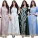 Elegant Embroidered Abaya Dress With Sequins – Lightweight Crinkle Polyester Muslim Jalabiya For Women (Pink/Green)_ecoleips.com