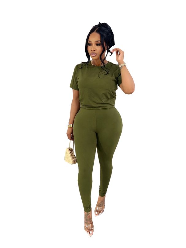 TW880 Women's Summer Fashion Sporty Two Piece Set round Neck Short Sleeve Top with High Waist Elastic Solid Color Long Pants_ecoleips.com