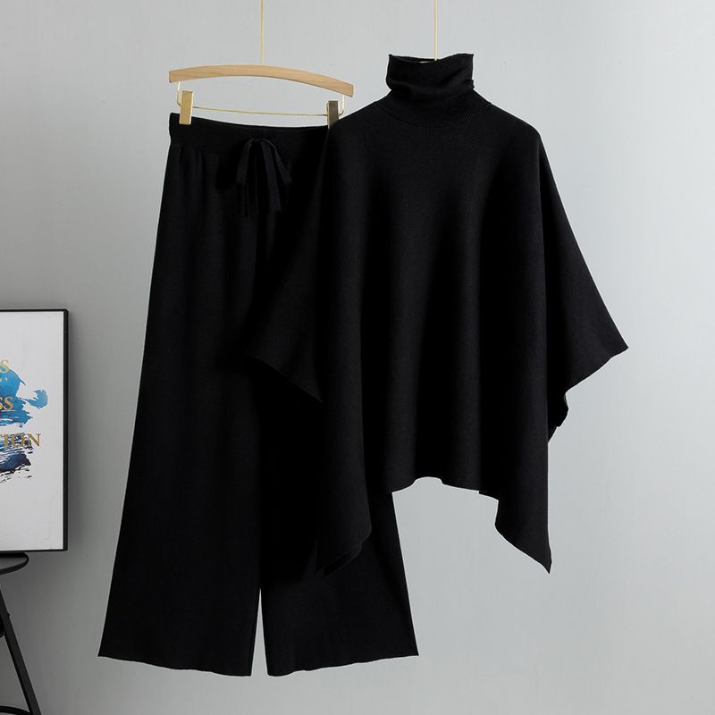 Women's Clothing Fashion Two Piece Suit For Women In Spring With High Collar Cape Knitted Sweater Wide Leg Pants Temperament Suit_ecoleips.com