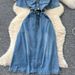 Women's Clothing Short Sleeved Denim Dress Retro Polo Collar Single Breasted Waisted Mid Length Skirt_ecoleips.com