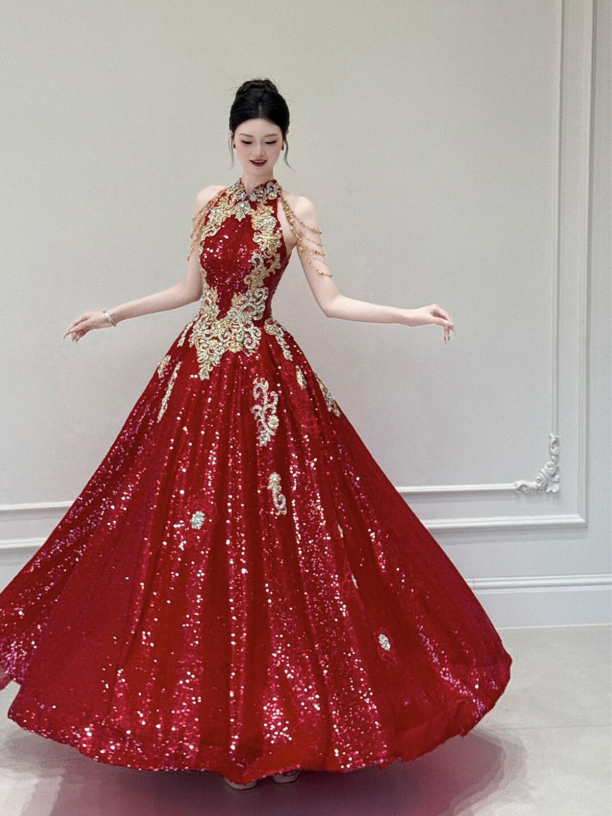 Burgundy Bridal Engagement Dress Halter Neck Evening Gown High Class Banquet Hostess Toasting Dress New Style_ecoleips.com