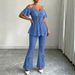 off Shoulder Faux Denim Two Piece Set Pure Alluring High Waisted Ruffled Top And High Waisted Flared Pants Women's Clothing_ecoleips.com