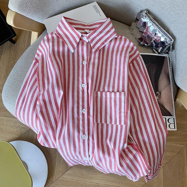 Women's Clothing Design Loose Striped Shirt Retro Versatile Shirt For Women_ecoleips.com