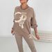 Women's Knit Tracksuit Set With 3D Letter Print Long Sleeve Top And Cropped Pants - Comfortable Polyester Lounge Wear For Casual Outings_ecoleips.com