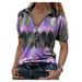 Plus-Size Women's Clothing T-Shirt, Summer Short-Sleeved Zipper V-Neck Contrasting Color Printed Base Layer Top_ecoleips.com