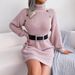 Real Shot Autumn Winter European American Casual Button High Neck Long Sleeve Base Sweater Dress Independent_ecoleips.com
