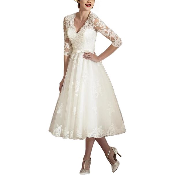 New 2025 mid Length Wedding Dress for Brides with mid Sleeves Deep V Neck Lace Slim Fit Fashionable And Flattering Style_ecoleips.com