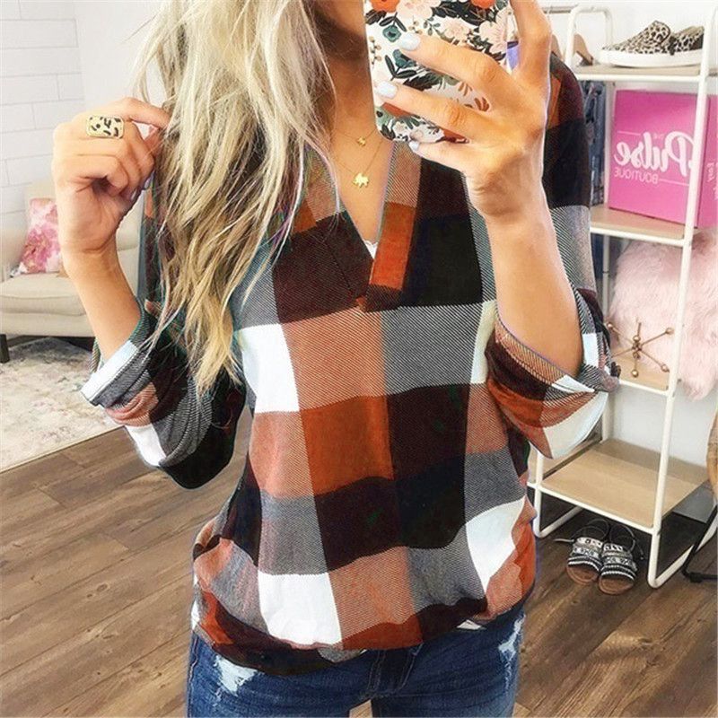 Women's Clothing Plaid Shirts Printed V Neck Long Sleeved Tops Shirts_ecoleips.com