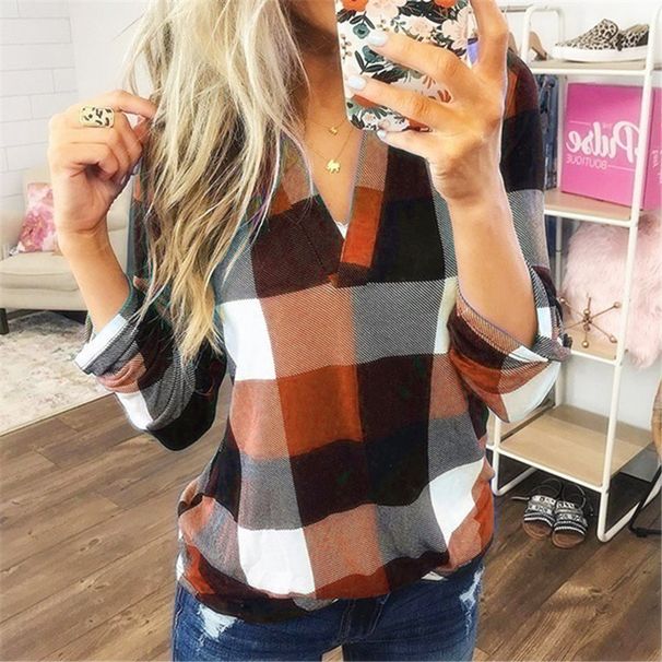 Women's Clothing Plaid Shirts Printed V Neck Long Sleeved Tops Shirts_ecoleips.com