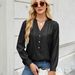 Verve Women's Spring Summer New V-neck One-row Button Denim Long Sleeve Shirt Top_ecoleips.com