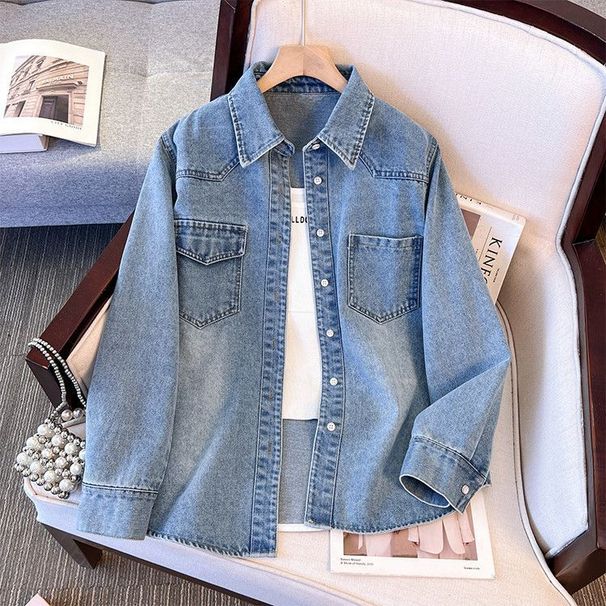 Women's Clothing Women's Retro Denim Shirt Jacket Loose Fit Casual Long Sleeved Blouse For Petite Figures Spring Autumn Style_ecoleips.com