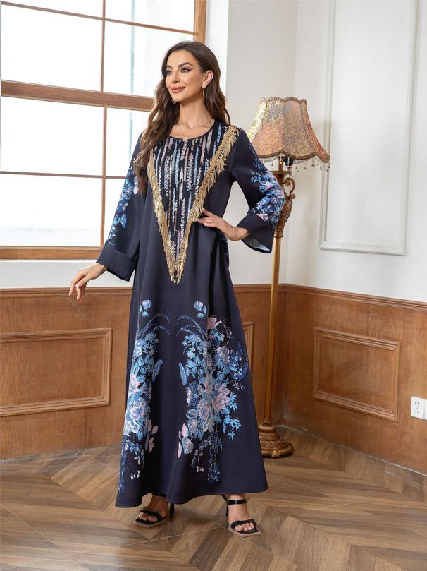 KS005ins European And American Muslim Cross-border Robe, Dubai Printed Beaded Women's Dress, Elegant Sequins_ecoleips.com