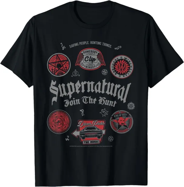 Women's T-Shirts Supernatural Join The Hunt Goth Badges Collage TV Show T-Shirt_ecoleips.com