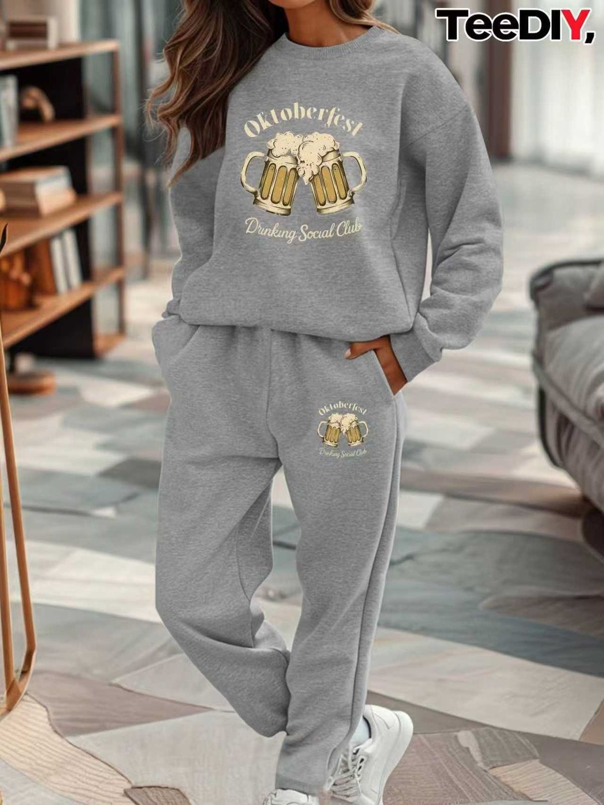Women's Casual Lounge Set Long Sleeve round Neck Two Piece Outfit Soft Acrylic Tracksuit Comfortable Winter Home Wear_ecoleips.com