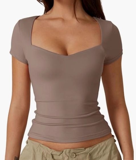 Women's Sweetheart Neck Short Sleeve Crop Top - Solid Color Slim Fit Basic Tee For Casual Wear_ecoleips.com