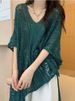 Women's Knitted V-Neck Batwing Sleeve Top Hollow Out Loose Fit Summer Plus Size Slimming Versatile Casual T-Shirt_ecoleips.com