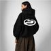 Women's Plus Size Velvet Hooded Sweatshirt Casual Letter Print Autumn Winter Top Trendy Street Style Couple Outfit_ecoleips.com