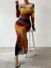 Women's Clothing Fashion Mesh Printing Pleated Sexy Tight Slit Round Neck Dress_ecoleips.com