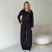 Women's Clothing Solid Color V-Neck Long Sleeve Top With Pocket & Tie-Waist Straight Pants Set - Casual Office Wear, Comfortable Polyester Outfit_ecoleips.com