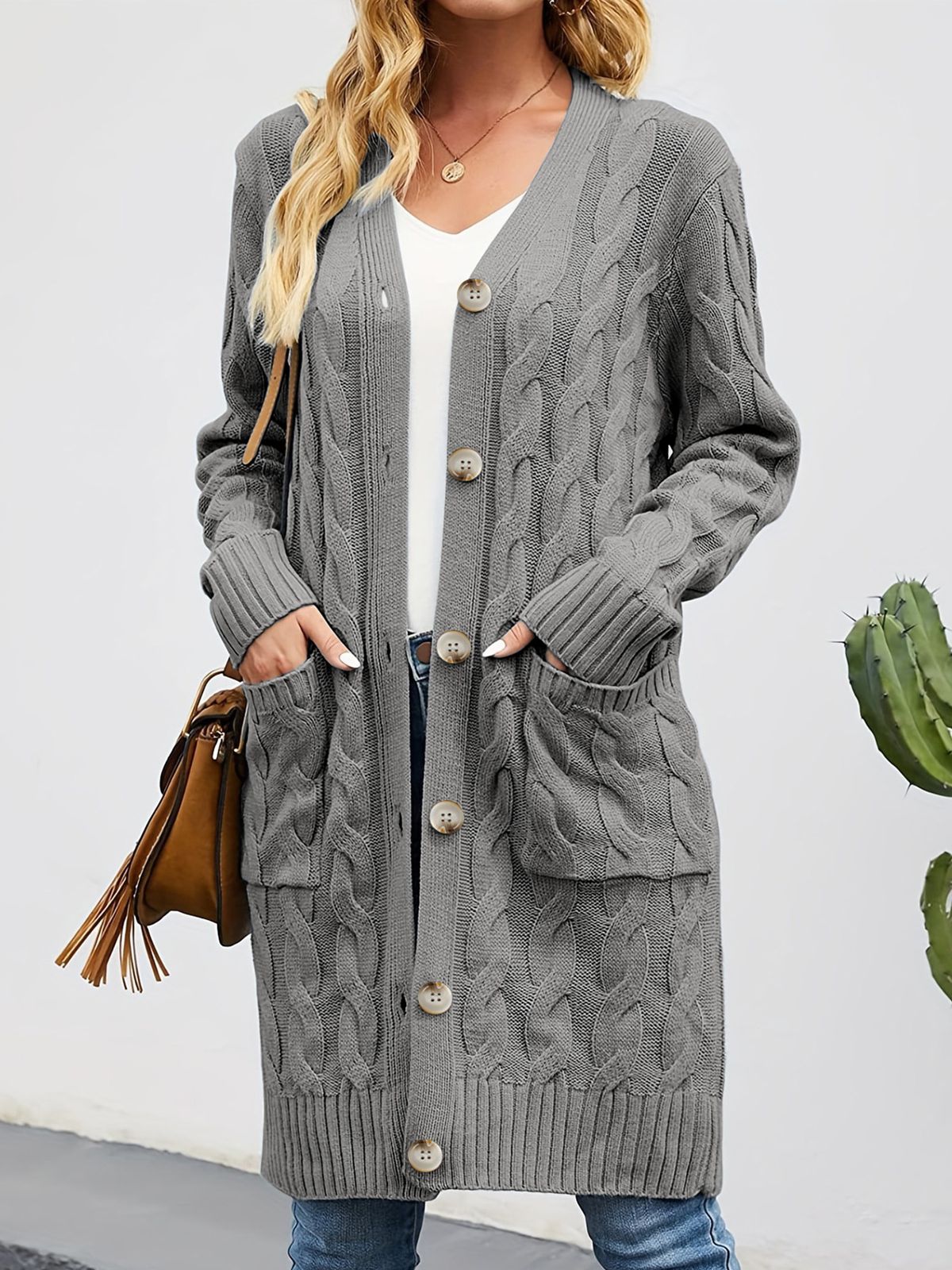 Longline Knit Cardigan With Pockets – Chunky Cable Stitch Open Front Coat For Women (Grey, S-XL) | Cozy Oversized Winter Sweater_ecoleips.com