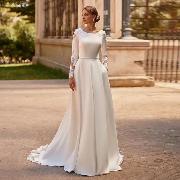 Women's Clothing Satin Long Sleeve Light Wedding Dress Retro Square Neck Slim Trailing Bride Wedding Main Wedding Dress Spring And Autumn_ecoleips.com