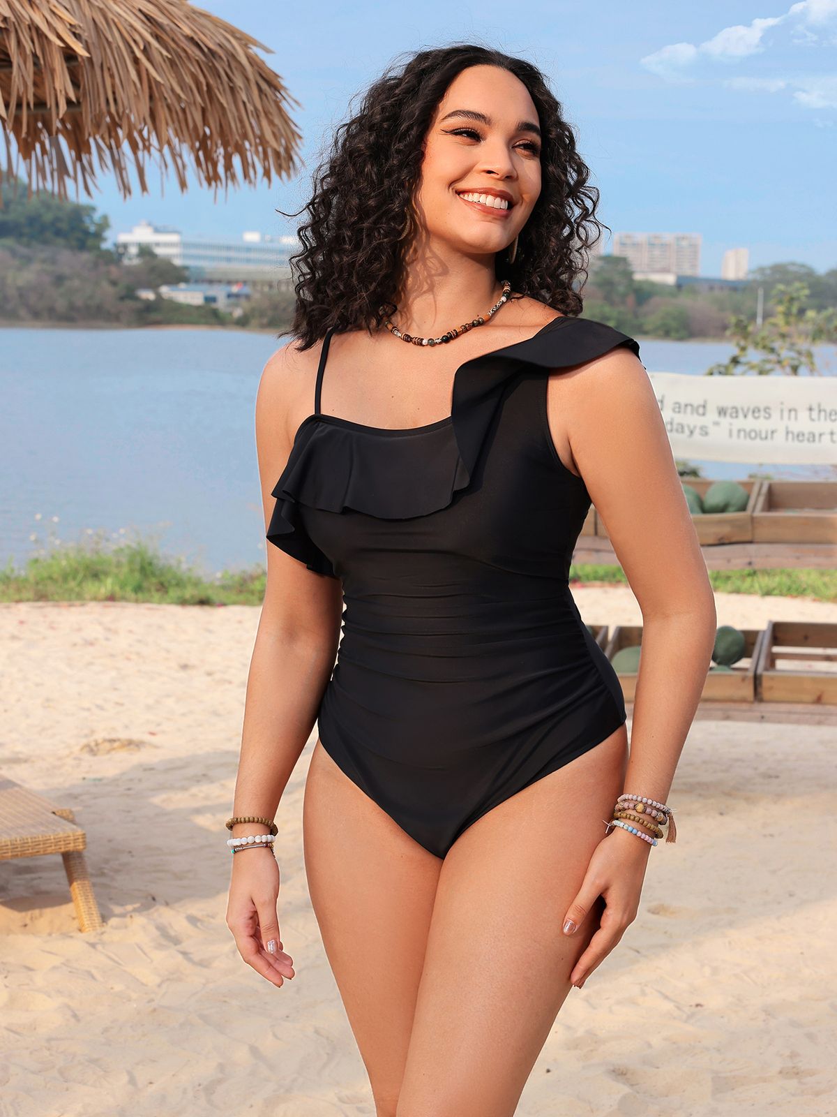Shencai New Sexy One-Shoulder Lace Ruched One-Piece Swimsuit P2409_ecoleips.com