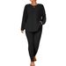 Women's Casual Ribbed Long Sleeve Top & Pants Set - Soft Stretch Polyester Blend, Comfortable Loungewear, Plus Size Available_ecoleips.com