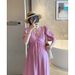 In Stock Maternity Summer Simple Elegant French V-neck Pleated Design Waist Slimming Mid-length Dress_ecoleips.com