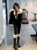 girl Black Corduroy Large Lapel Lamb Wool Coat For Women, Short Winter Style, Petite Size, Fleece-Lined, Thickened Top,_ecoleips.com