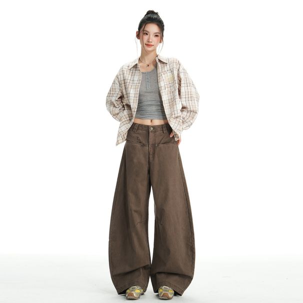 Aria Basics Autumn New American Retro Deconstructed Silhouette Scimitar Cargo Pants Women's Coffee Color Long Jeans_ecoleips.com