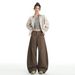 Aria Basics Autumn New American Retro Deconstructed Silhouette Scimitar Cargo Pants Women's Coffee Color Long Jeans_ecoleips.com