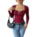 Voya Spring And Summer New French Retro Square Neck Long Sleeved Slim Pleated Top For Women's Clothing, Wine Red Niche Design Base Shirt_ecoleips.com