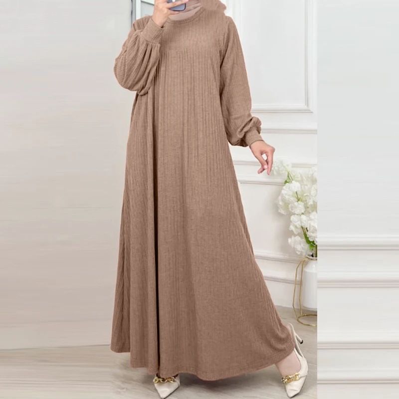 Women's Clothing Modest Abaya Dress Round Neck Long Robe Modest Muslim Abaya Dress – Solid Color Polyester Maxi With Round Neck & Long Sleeves_ecoleips.com