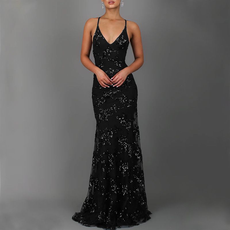 K New Women's Dress With Camisole V-neck Backless Sequined Lace Up Dress_ecoleips.com
