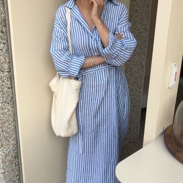 2021 Summer-Autumn Linen Vertical Striped Long-Sleeve Shirt With Tie, Korean Vintage Versatile Women's Dress_ecoleips.com