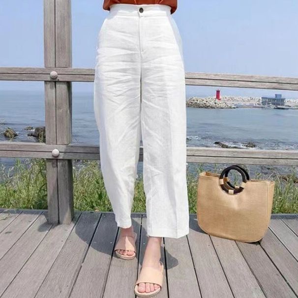 Suitable For All Seasons Italian Women's High-Waisted Linen Straight-Leg Cropped Casual Cotton-Linen Wide-Leg Pants_ecoleips.com
