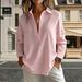 Women's Solid Color Casual Loose Top Shirt V Neck Single Breasted Long Sleeve 2026 Europe & America New_ecoleips.com