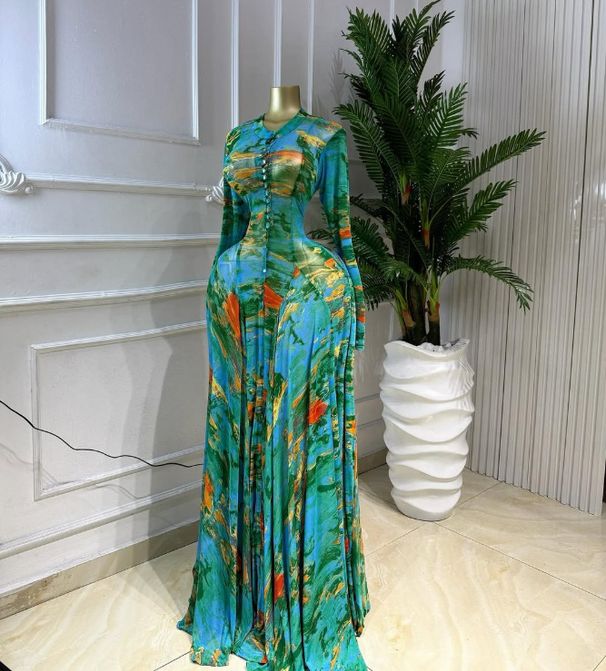 Women's Long Sleeved Mesh Dress Sexy Tie Dye Print European And American Style Cross Border Fashion 2026_ecoleips.com